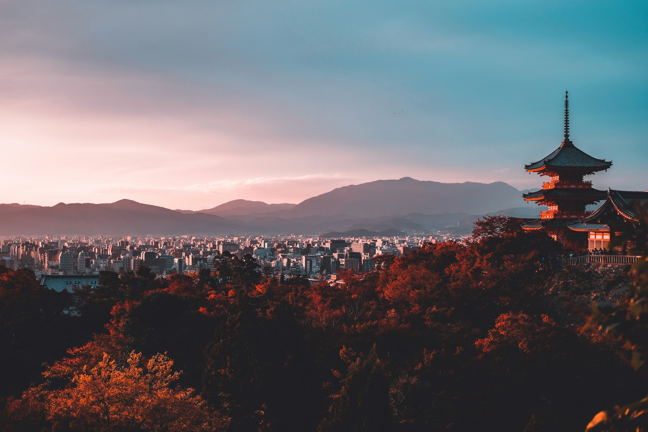 Pagoda and Mount Fuji at sunset